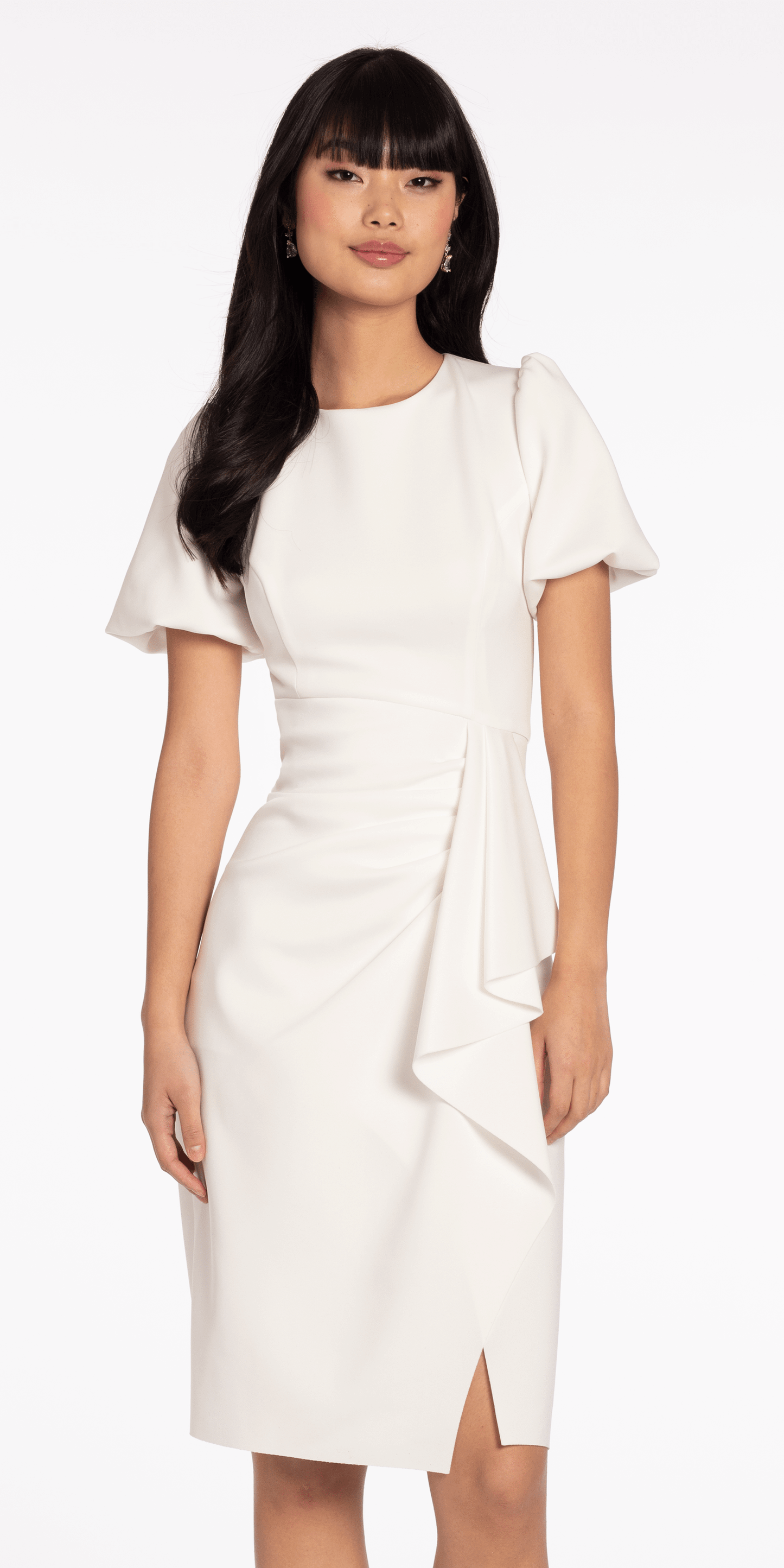 Camille La Vie Short Puff Sleeve Scuba Midi Dress with Side Cascade