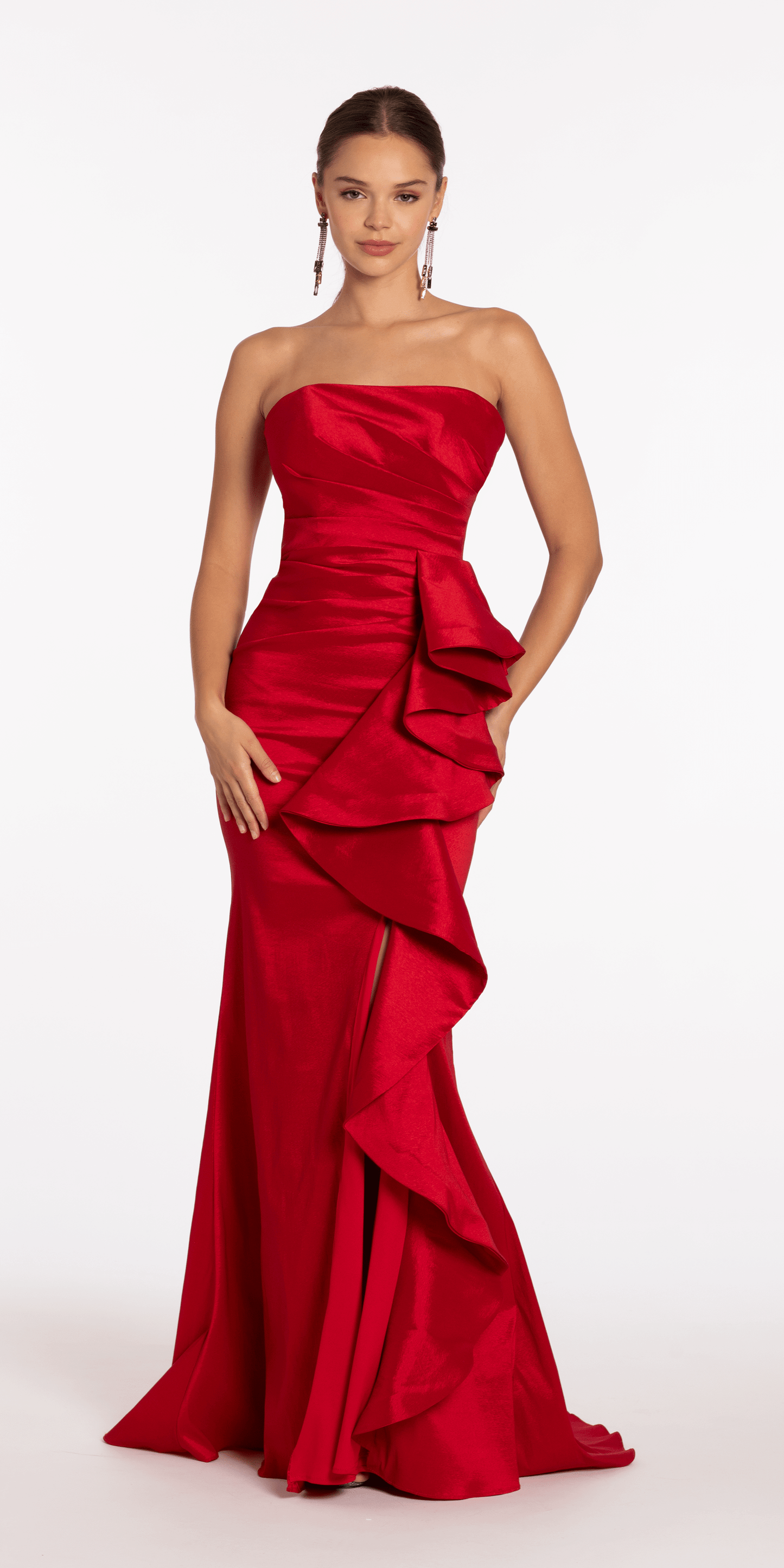Camille La Vie Strapless Taffeta Side Cascade Trumpet Dress with Sweep Train