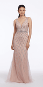 Diamond Beaded Plunging Mesh Column Dress Image 1