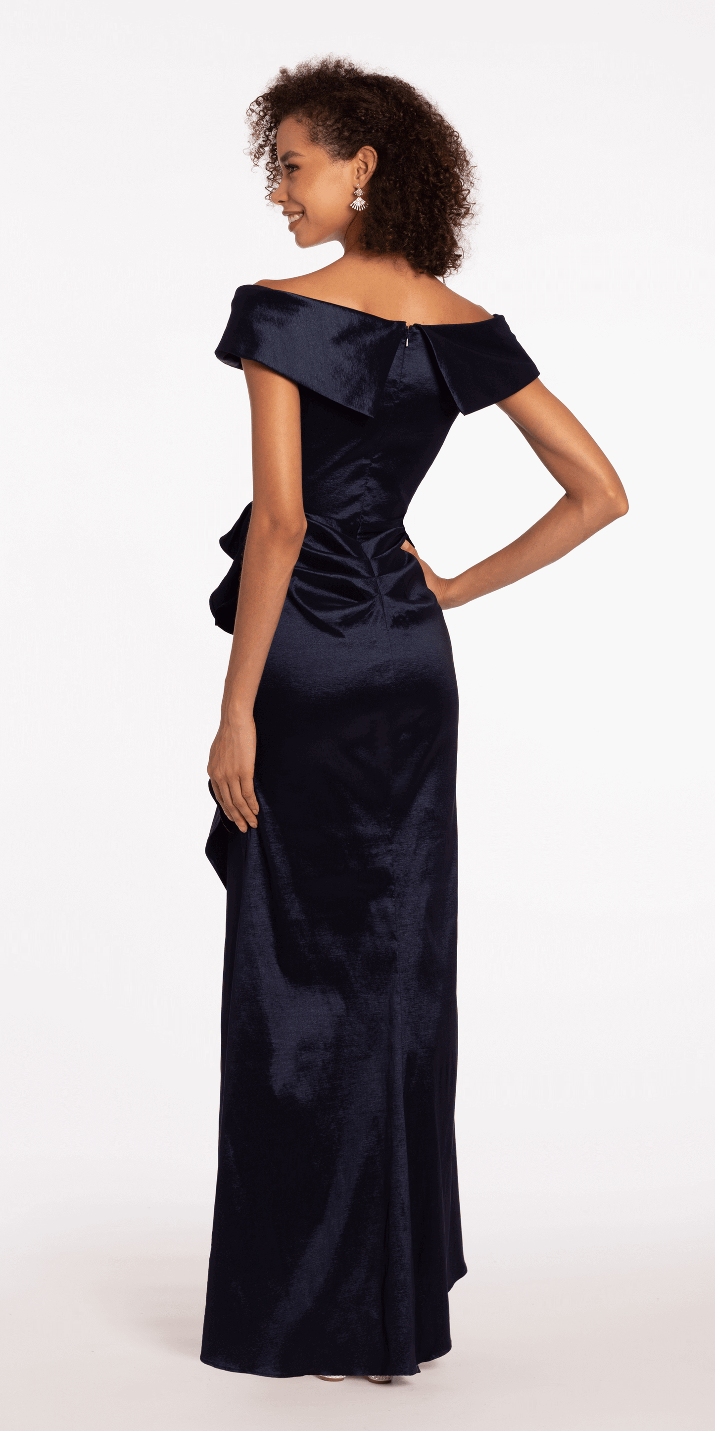 Camille La Vie Taffeta Cuff Off the Shoulder Column Dress with Side Slit