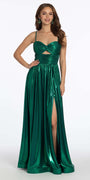Metallic Foil Pleated Keyhole Lace Up A Line Dress Image 1