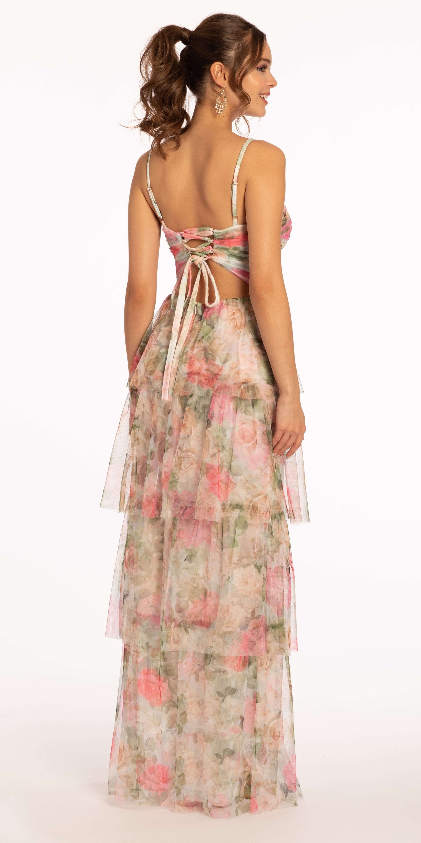 Camille La Vie Floral Mesh Sweetheart Tiered Dress with Keyhole