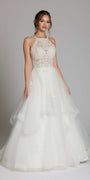 Beaded Lace Applique Cleo Neck Tulle Tiered Ballgown Image 4