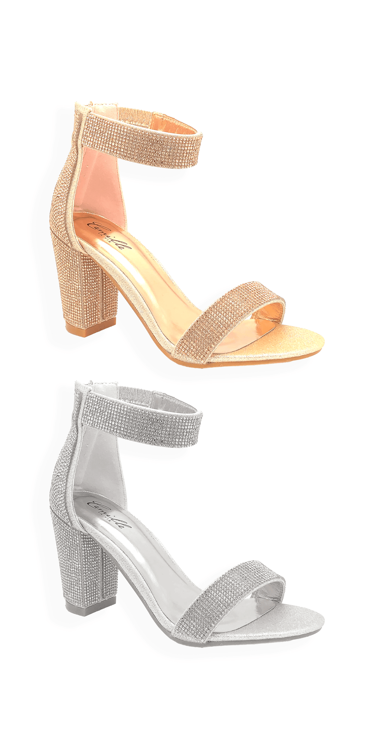 【CELERI/セルリ】DROP PIERCE SILVER Caroi Rhinestone Mid Heel Zip Back Ankle Strap Sandal – Camille La Vie