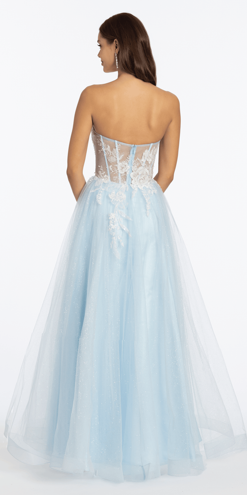 light-blue/size/4/missy/Camille La Vie/Strapless Floral Embellished Corset Glitter Tulle Ballgown/back