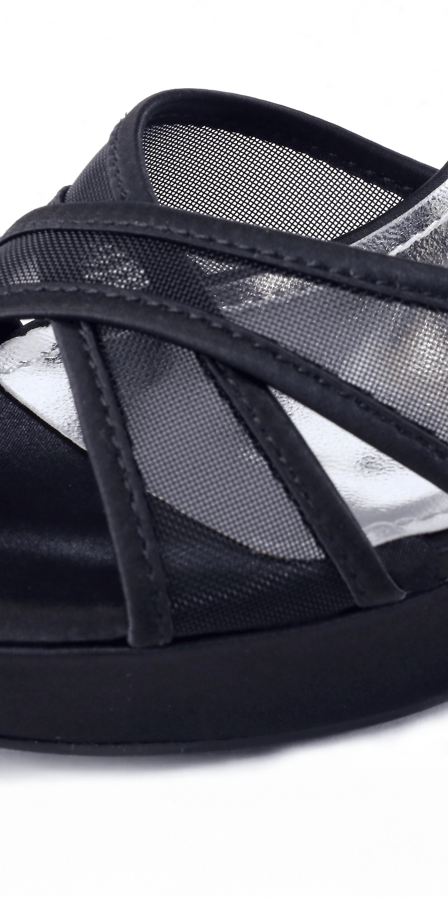 black/size/6/Camille La Vie/ Mesh Satin Criss Cross Strap Platform Stiletto Sandal /close up