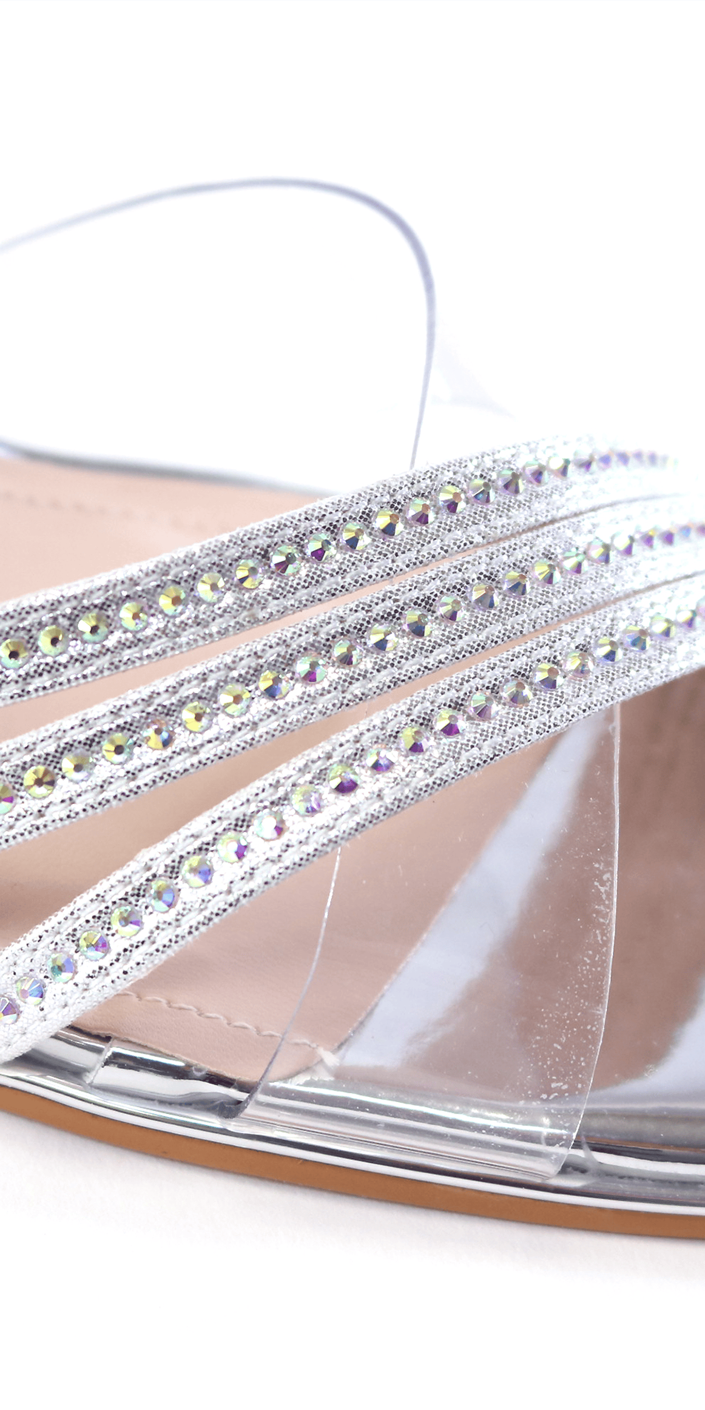 Camille La Vie Triple Strap Lucite Rhinestone Low Heel Sandal