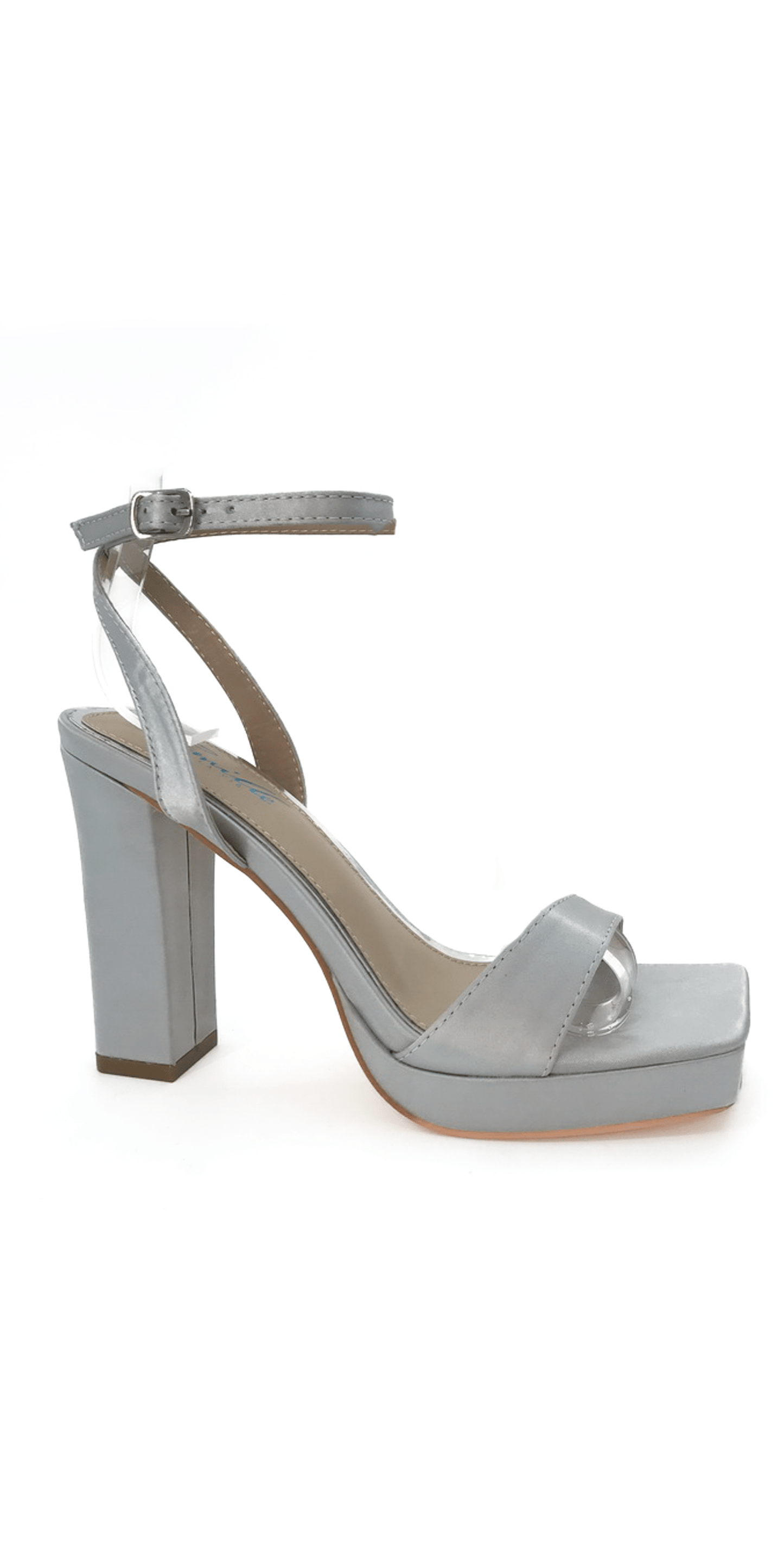Camille La Vie Satin Block Heel Platform Ankle Strap Sandal 5.5 / silver