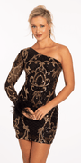 Sequin One Shoulder Long Sleeve Bodycon Dress with Feather Cuff Image 1