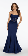 Strapless Stretch Satin Lace Corset Trumpet Dress Image 1