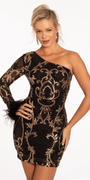 Sequin One Shoulder Long Sleeve Bodycon Dress with Feather Cuff Image 3
