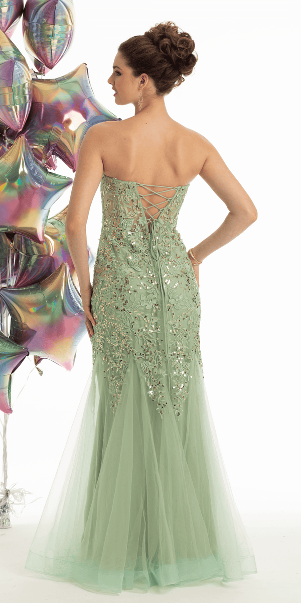 Strapless Embroidered Mermaid Dress with Mesh Godets Image 3