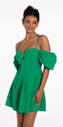 Knit Jacquard Plunge Puff Sleeve Fit and Flare Dress Image 2