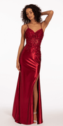 3 D Sequin Satin Sweetheart Corset Dress with Side Slit Image 2