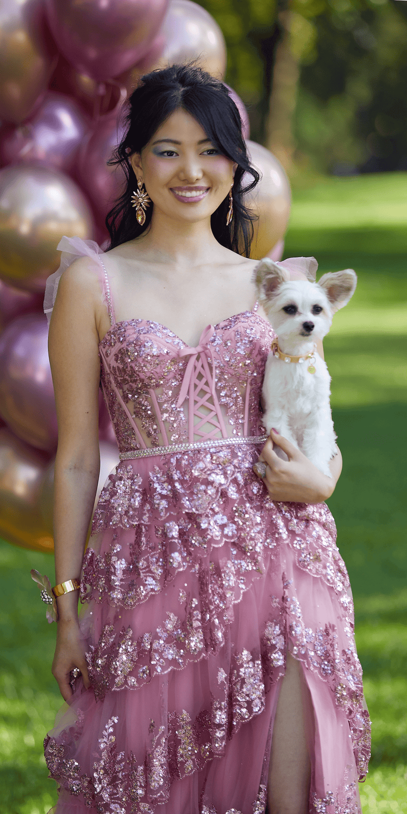Glitter Mesh Corset Tiered Ballgown with Sequin and Ruffle