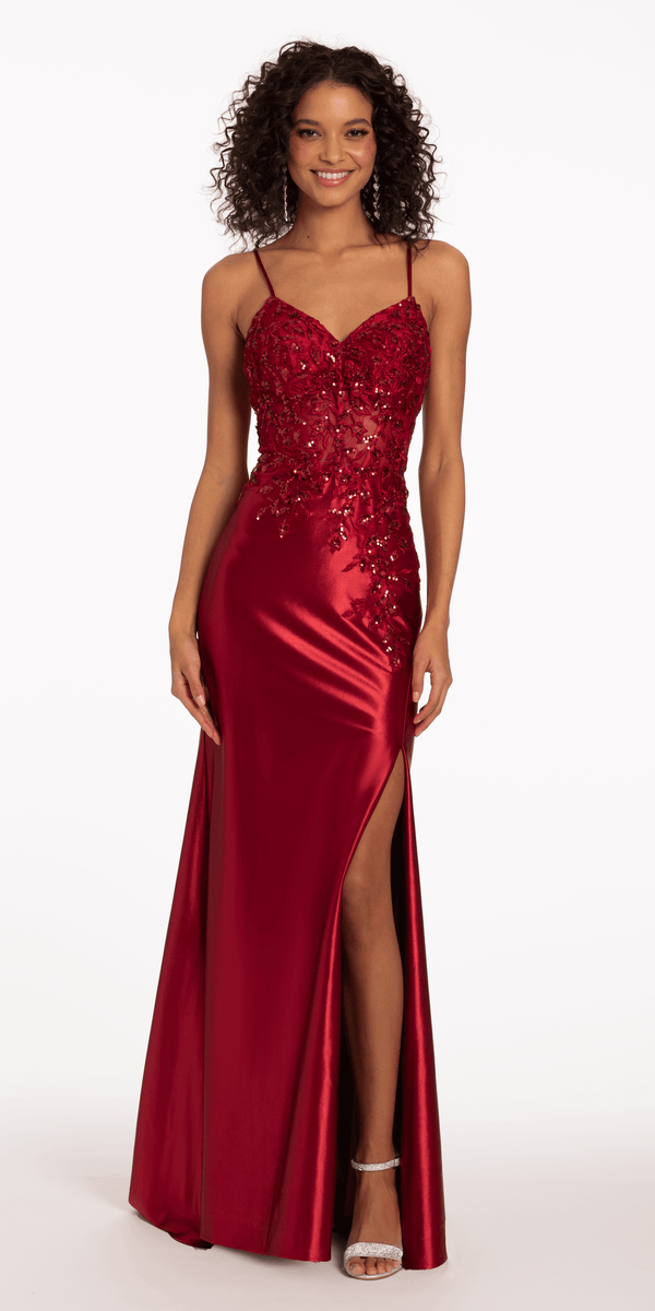 3 D Sequin Satin Sweetheart Corset Dress with Side Slit Image 1