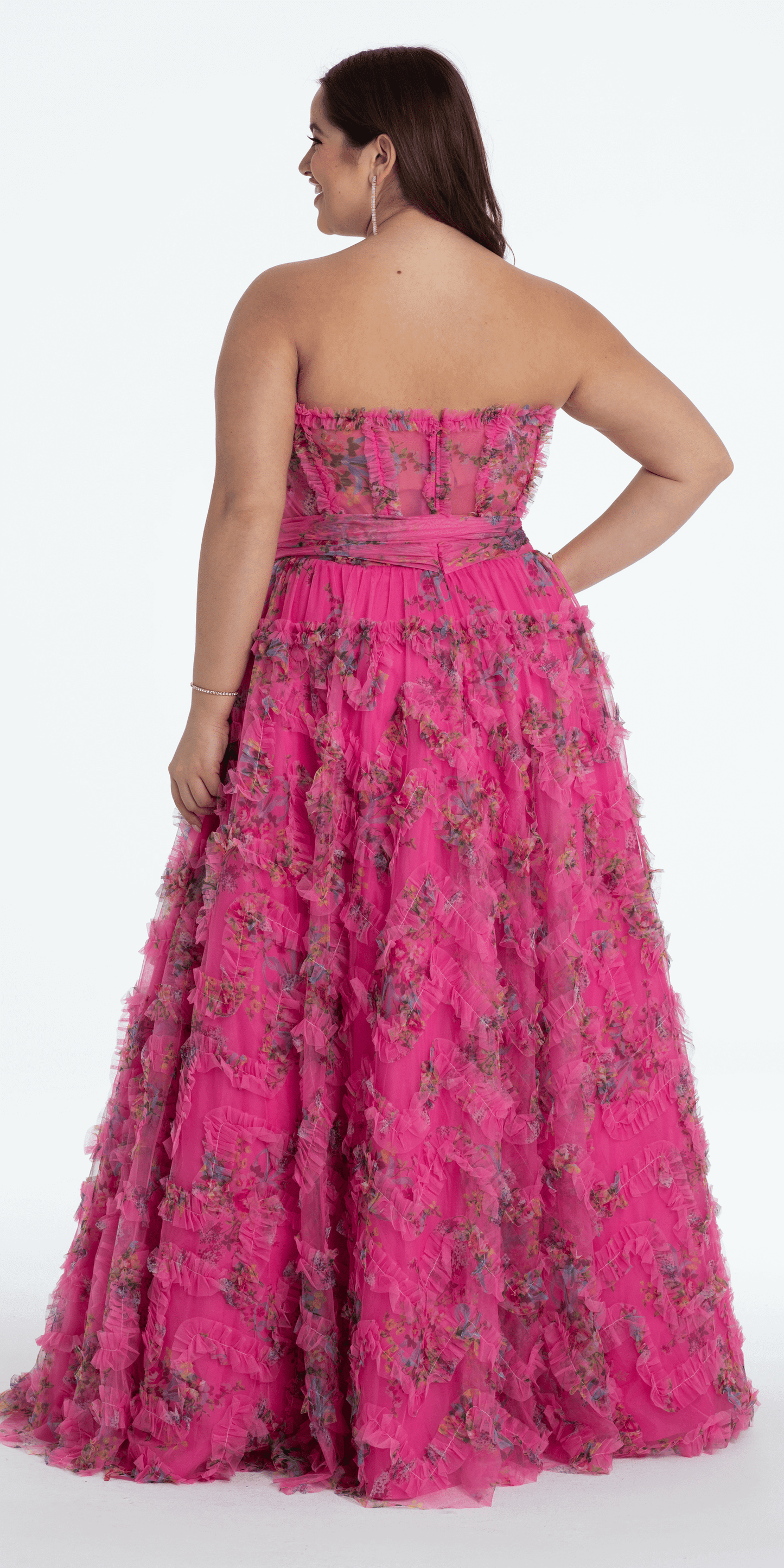Camille La Vie Floral Tulle Corset Ballgown with Waist Tie