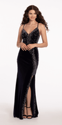 Velvet Rhinestone Plunging Trumpet Dress with Side Slit Image 2