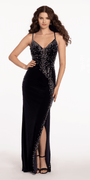 Velvet Rhinestone Plunging Trumpet Dress with Side Slit Image 1