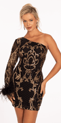 Sequin One Shoulder Long Sleeve Bodycon Dress with Feather Cuff Image 2