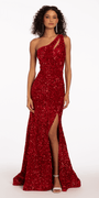 One Keyhole Shoulder Sequin Lace Up Back Mermaid Dress with Side Slit Image 6