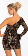 Sequin One Shoulder Long Sleeve Bodycon Dress with Feather Cuff Image 5