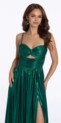 Metallic Foil Pleated Keyhole Lace Up A Line Dress Image 3