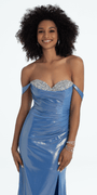 Foil Jersey Off the Shoulder Column Dress with Beaded Bodice Image 4