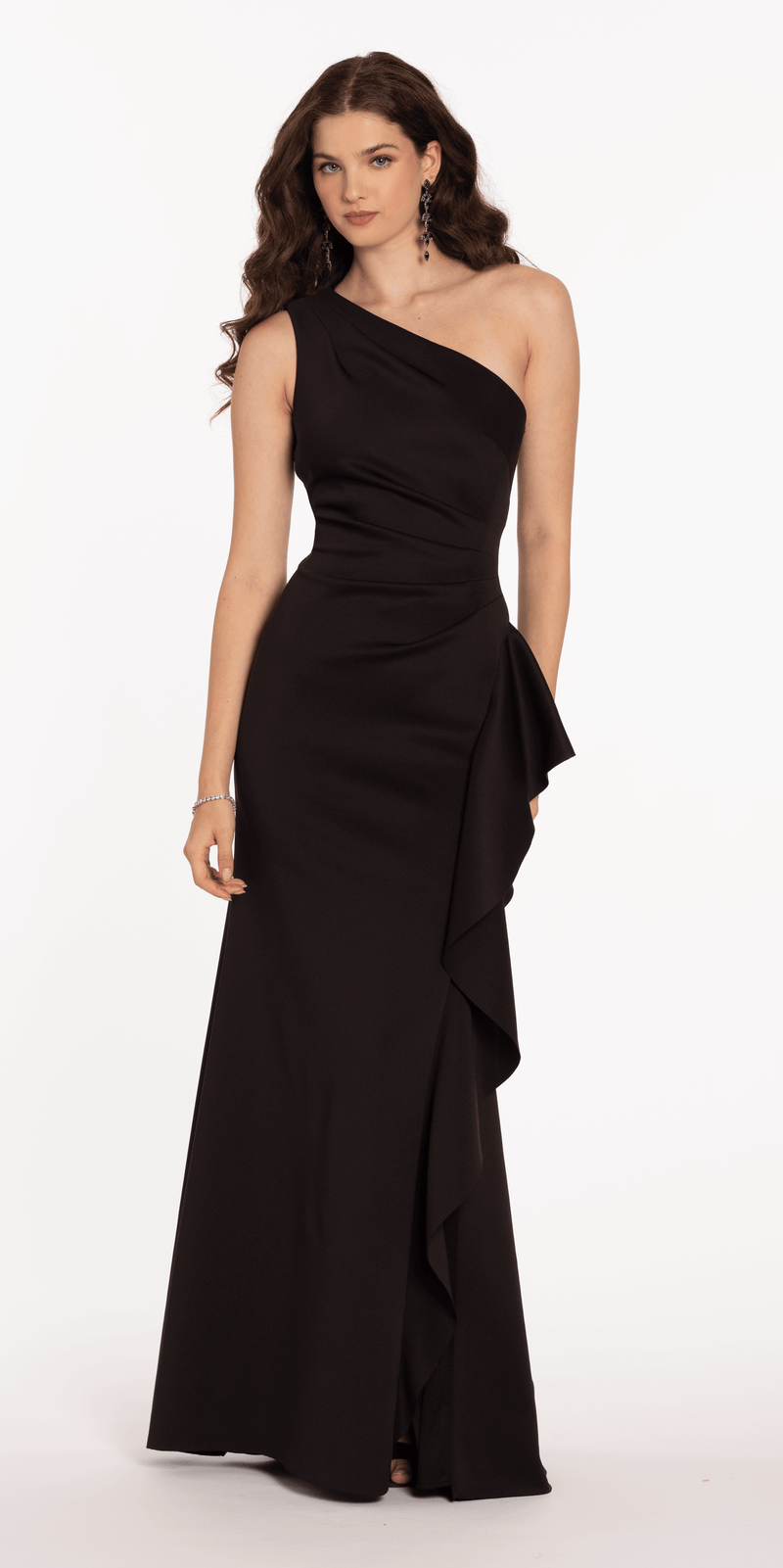 One Shoulder Scuba Trumpet Dress with Side Cascade – Camille