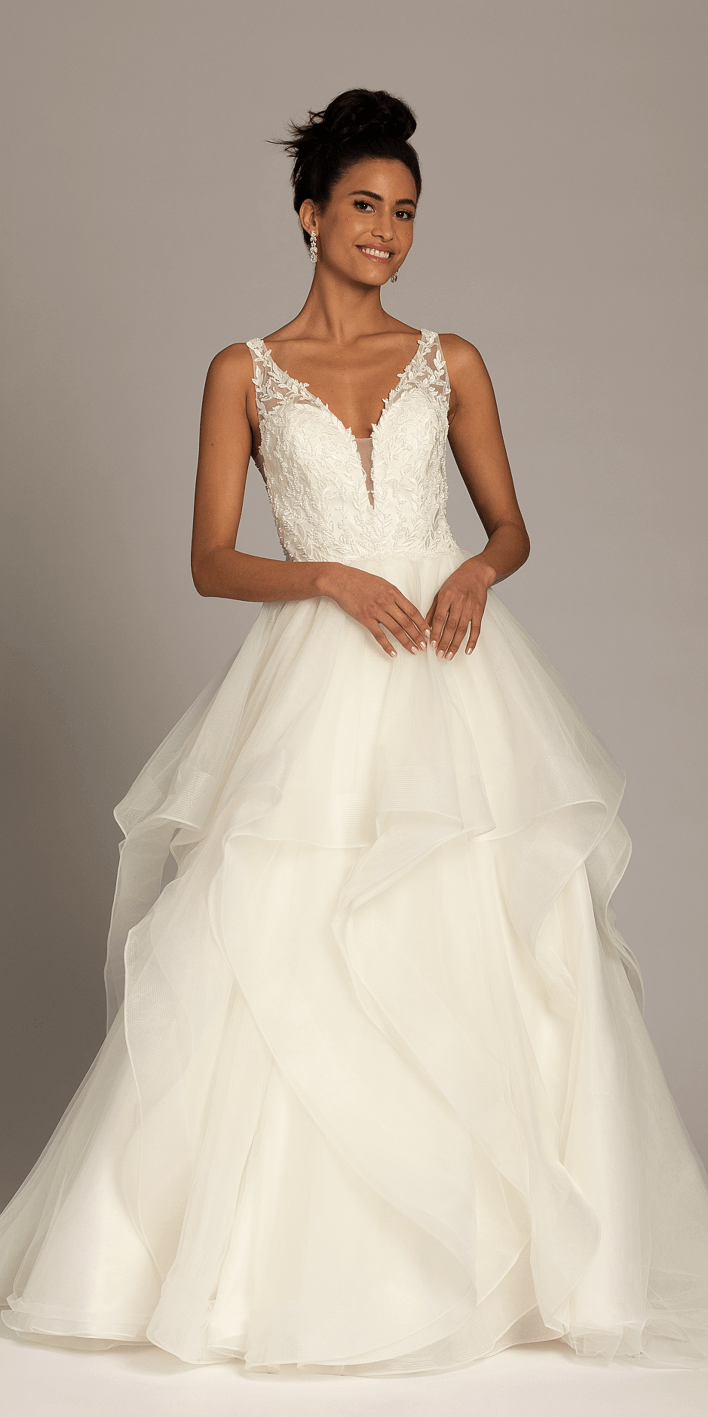 Camille La Vie Deep Scoop Back Embroidered Tiered Ballgown