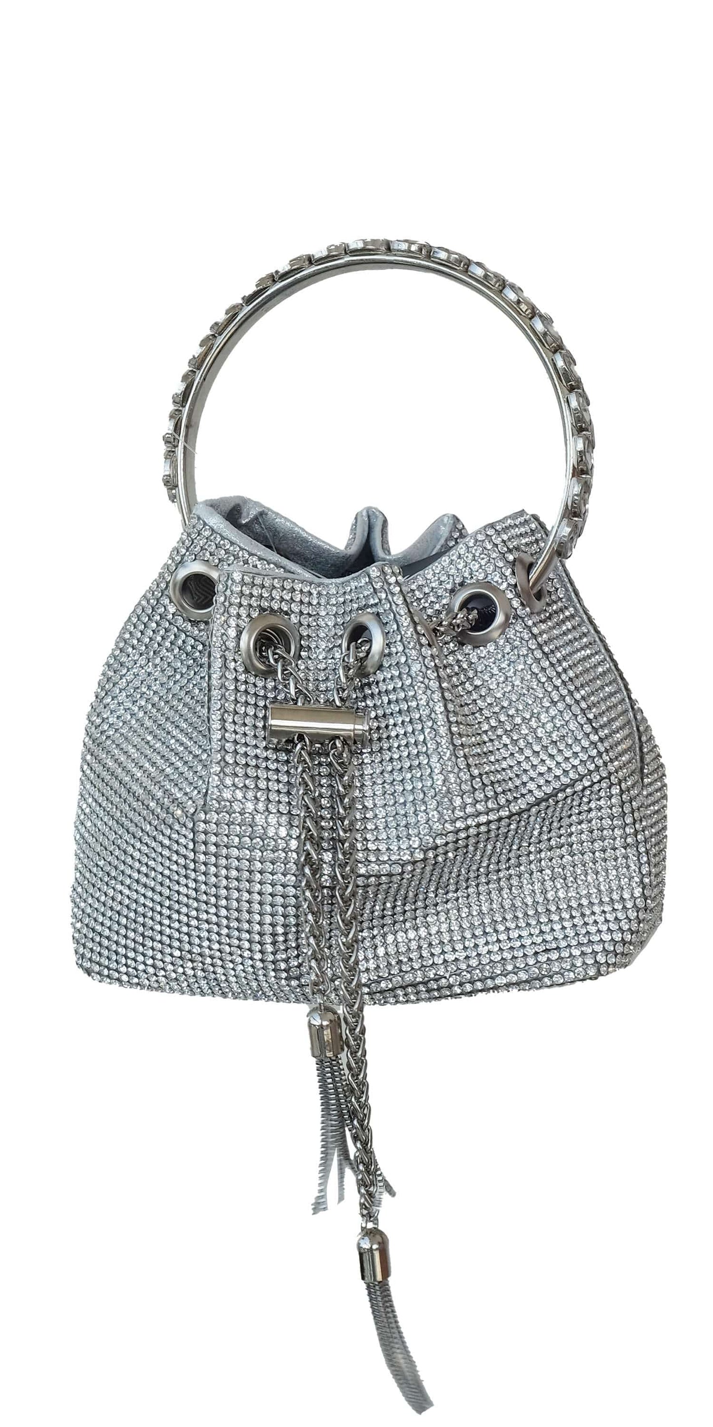 Camille La Vie Rhinestone Drawstring Bucket Handbag with Metal Handle OS / silver