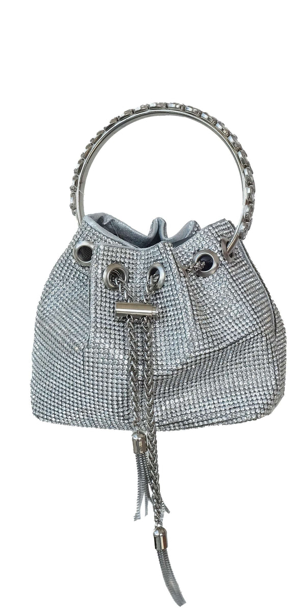 Rhinestone Drawstring Bucket Handbag with Metal Handle Image 1
