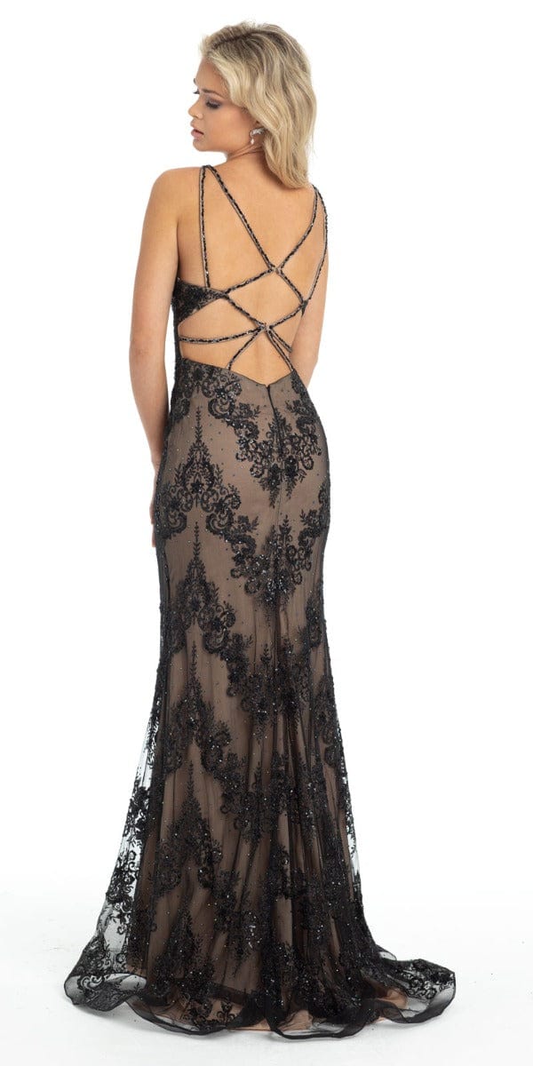 Camille La Vie Plunging Lace Strappy Back Mermaid Dress