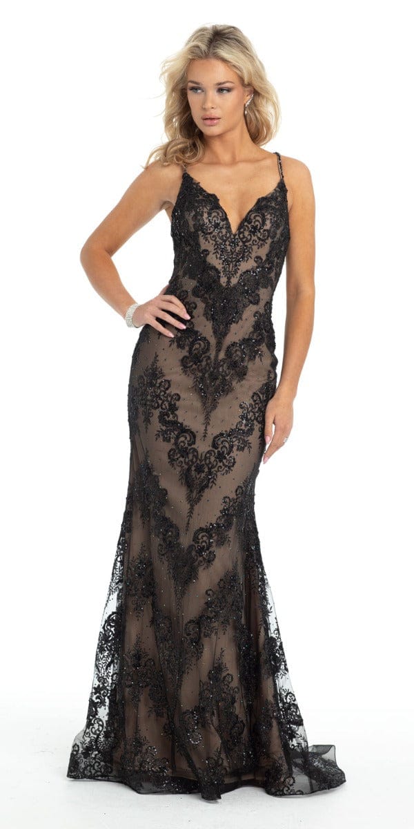 Camille La Vie Plunging Lace Strappy Back Mermaid Dress missy / 0 / black-nude