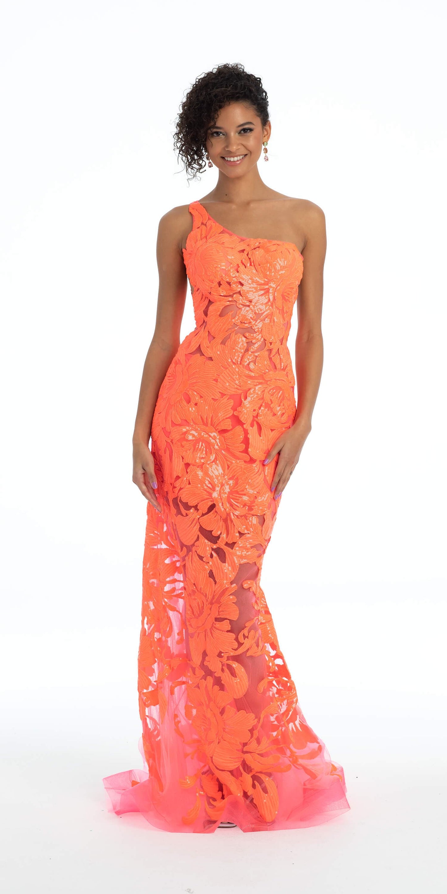 Camille La Vie Sequin Floral One Shoulder Illusion Mermaid Dress with Train missy / 00 / neon-coral