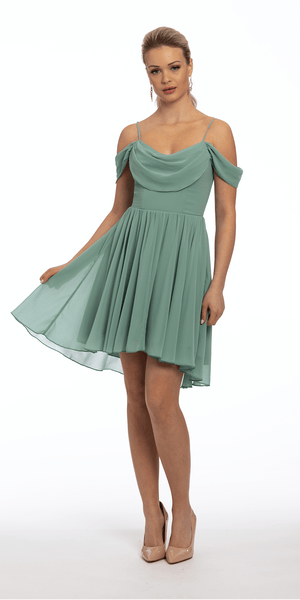 Chiffon off the Shoulder Drape Front Fit and Flare Dress Image 1