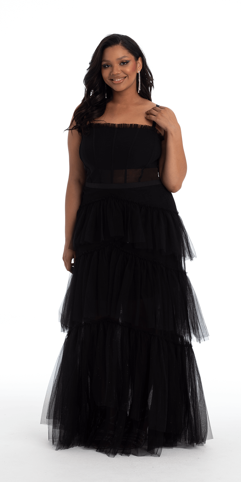 Camille La Vie Sheer Mesh Corset Tiered A Line Dress plus / 14 / black