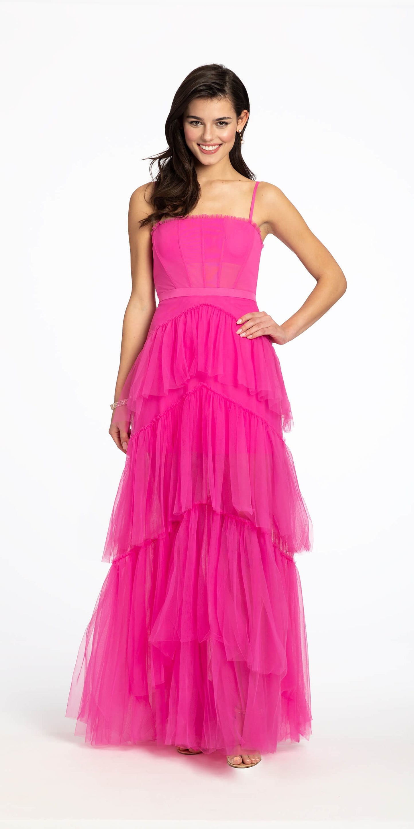 Camille La Vie Sheer Mesh Corset Tiered A Line Dress missy / 0 / bright-pink