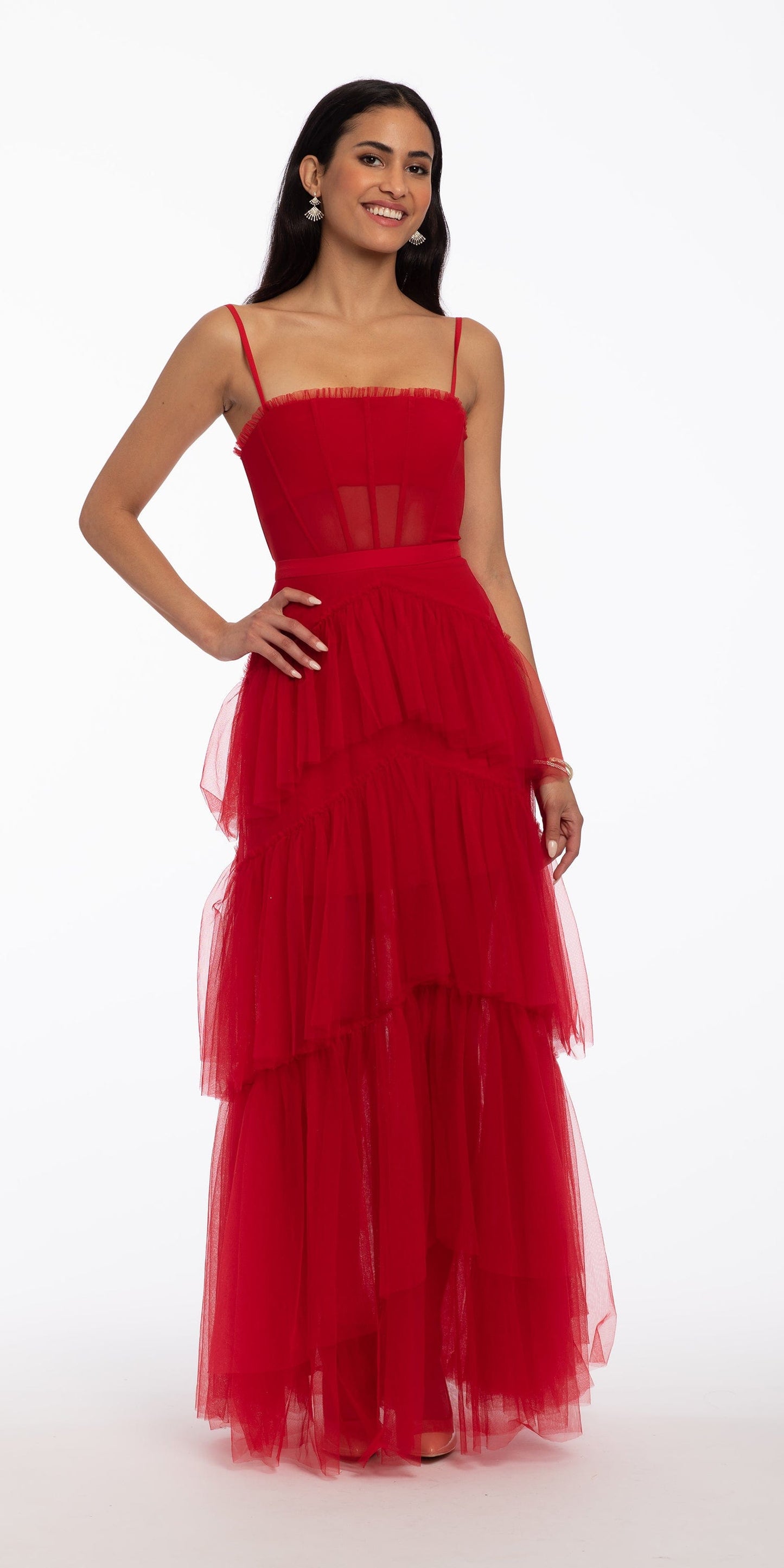 Camille La Vie Sheer Mesh Corset Tiered A Line Dress missy / 6 / red