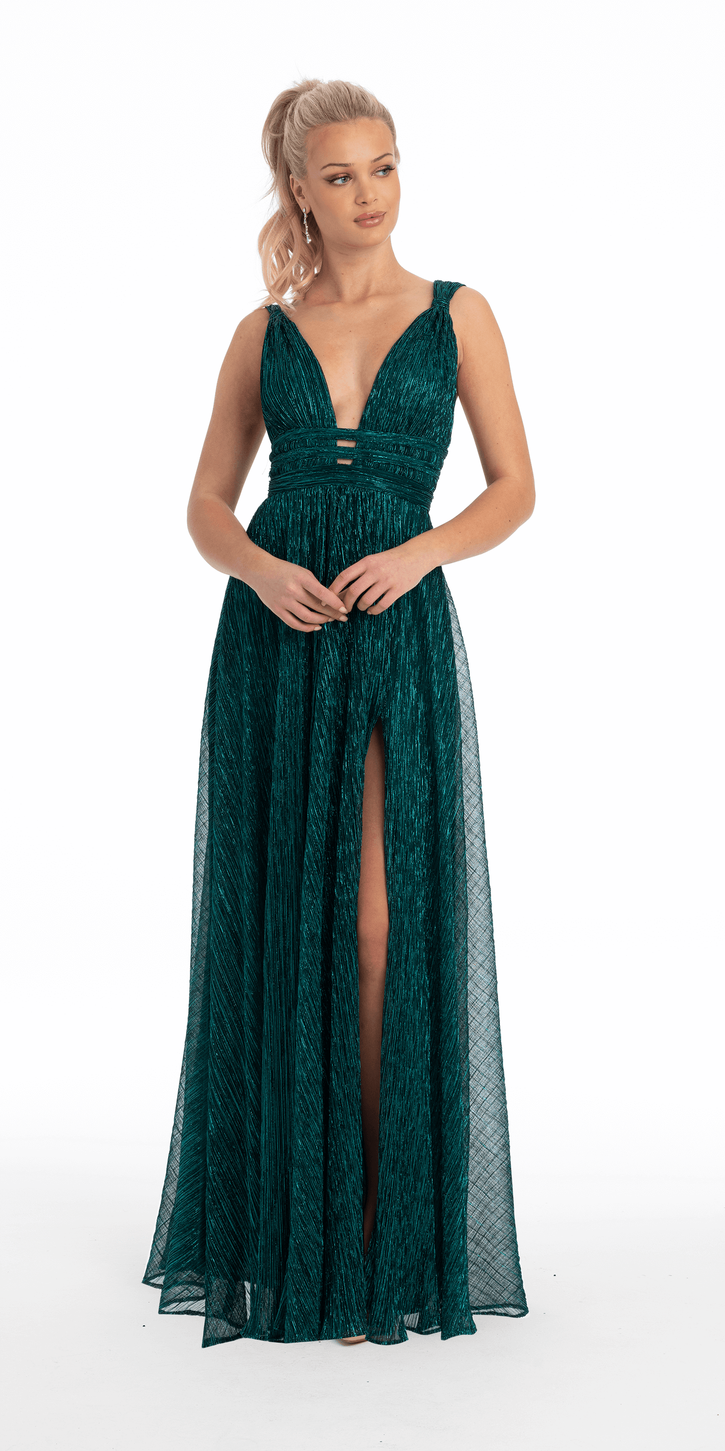 Camille La Vie Metallic Crinkle Grecian Tank  Plunge Dress missy / 0 / emerald