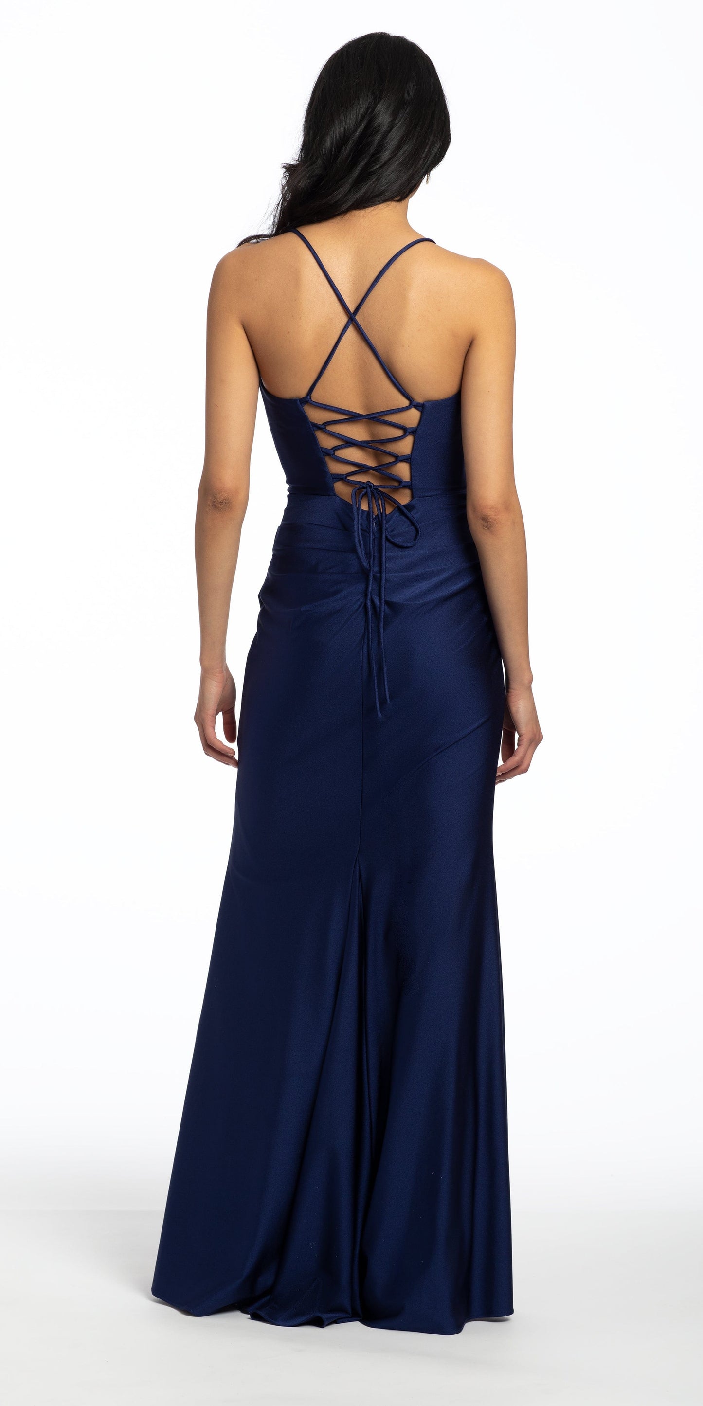 Camille La Vie Stretch Satin Lace Up Back Dress with Train