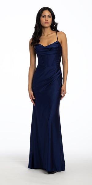 Stretch Satin Lace Up Back Dress with Train Image 7