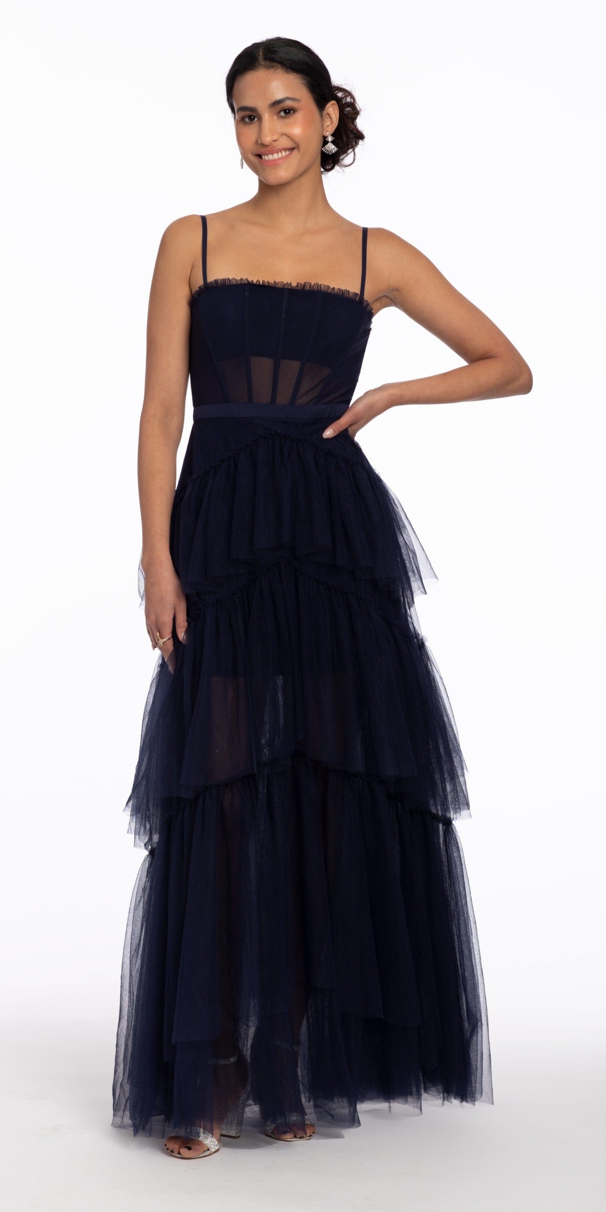 Camille La Vie Sheer Mesh Corset Tiered A Line Dress missy / 4 / navy