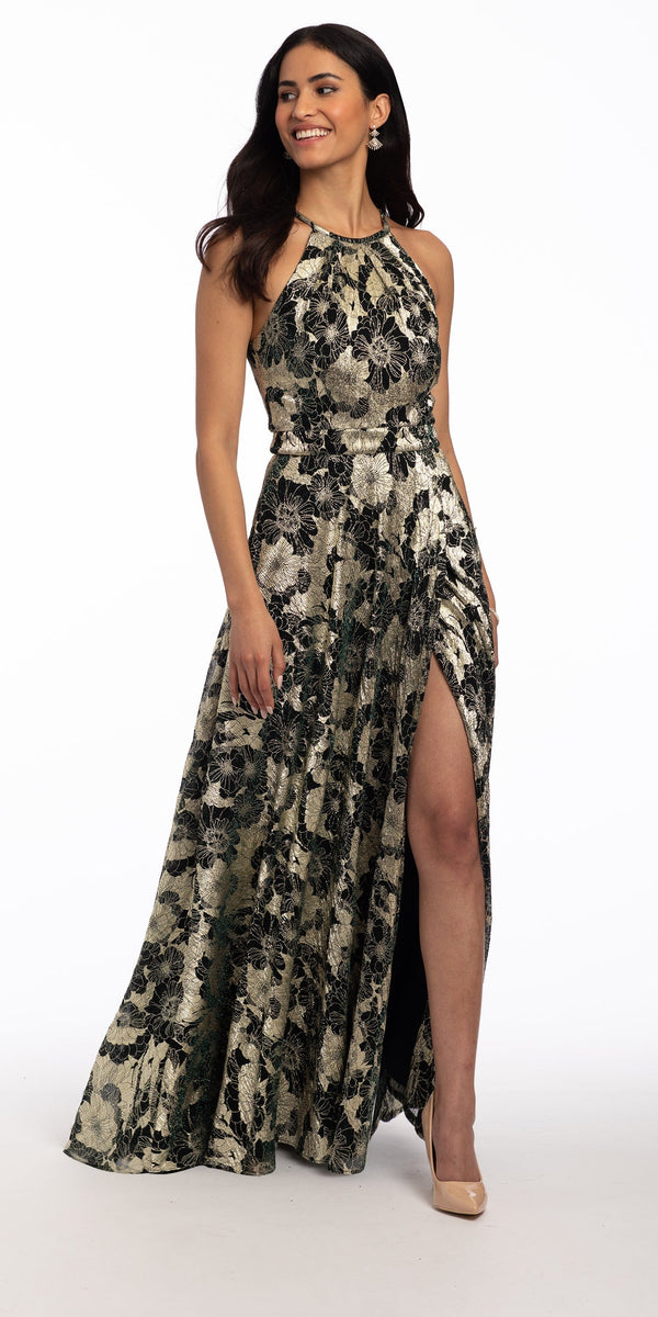 Floral Foil Halter Dress with Side Slit Image 1
