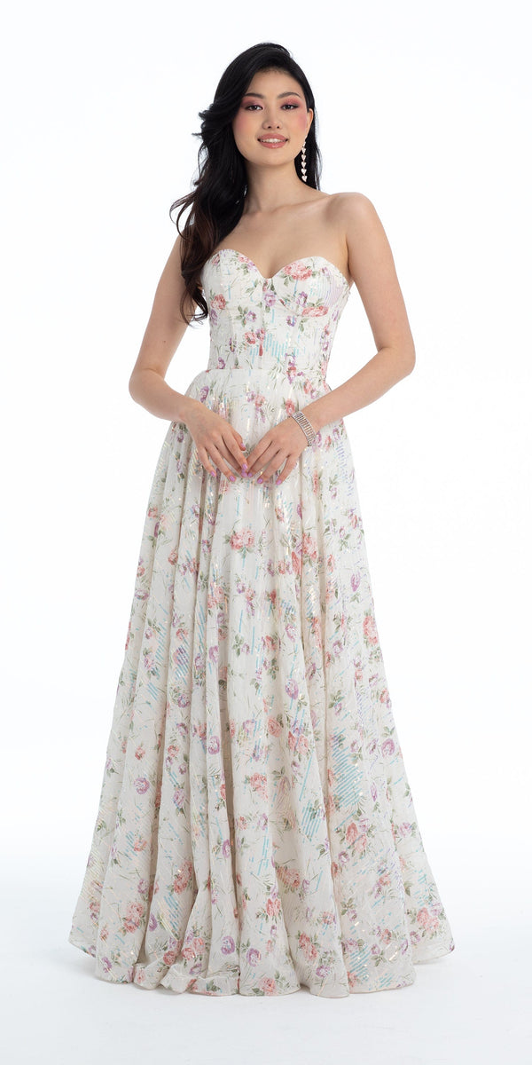 Sequin Floral Corset A Line Dress Image 3