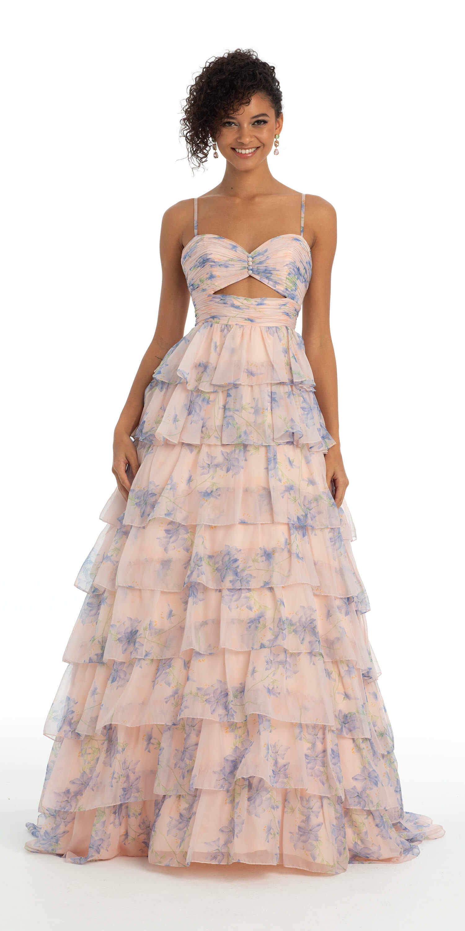 Floral Print Tiered Chiffon Keyhole Ballgown Camille La Vie