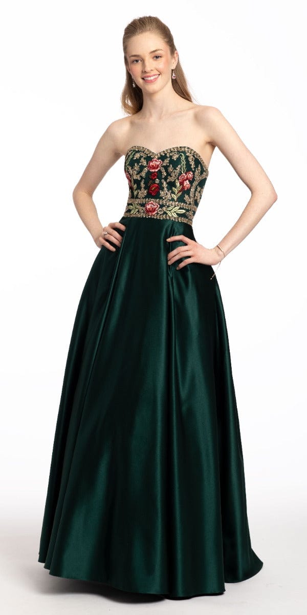 Camille La Vie Rose Embroidered Satin Corset A Line Dress with Pockets missy / 4 / hunter-green