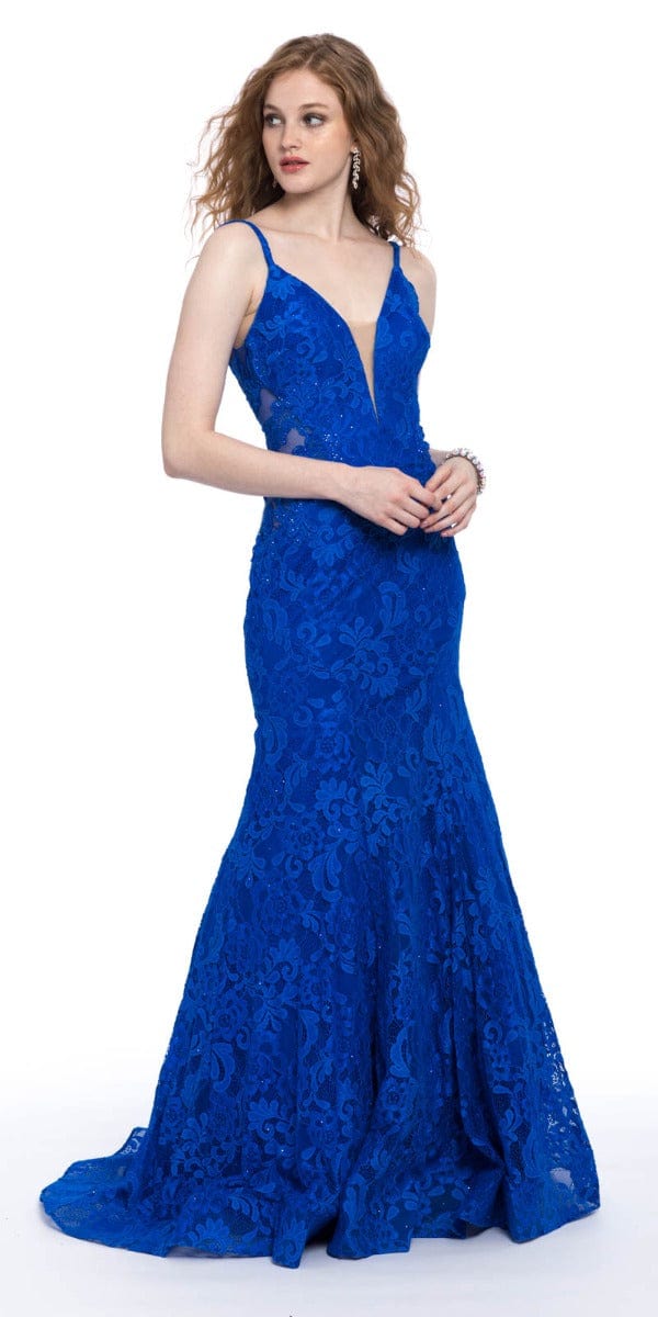 Camille La Vie Stretch Lace Illusion Waist Mermaid Dress missy / 2 / royal-blue