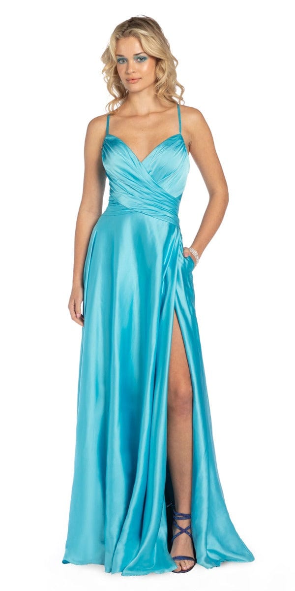 Camille La Vie Strappy Back Ruched Satin Plunge Dress missy / 12 / light-turquoise