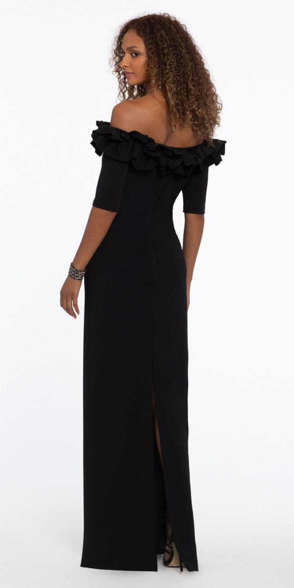 Camille La Vie Ruffle Crepe Off the Shoulder Dress with Back Slit
